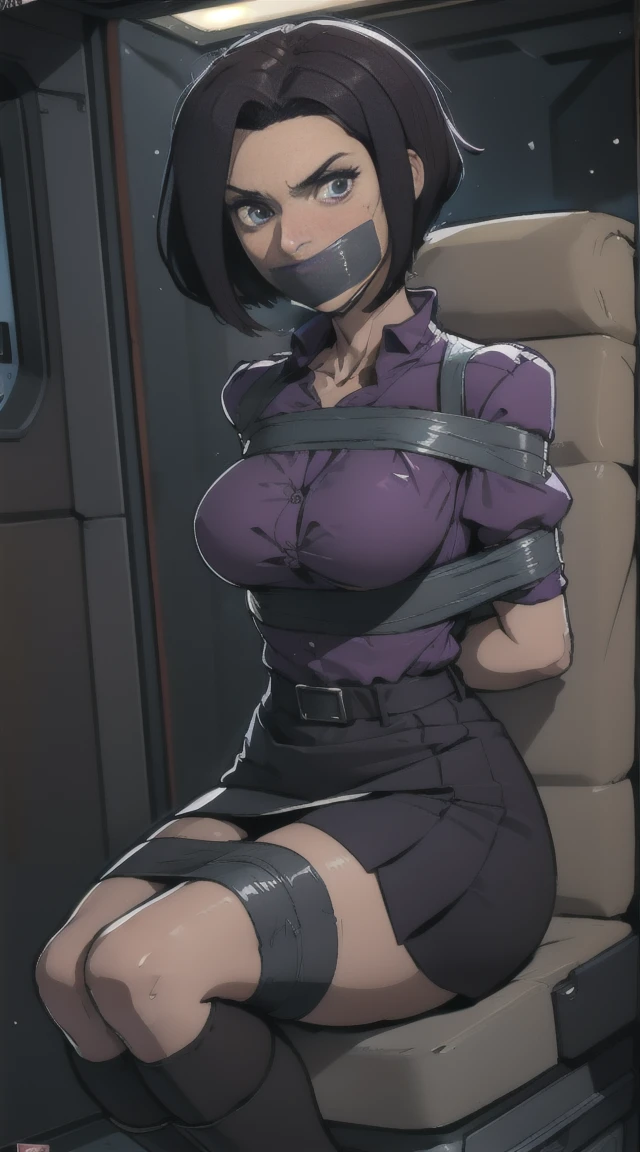 Highest quality, high resolution, looking at viewer, 1 woman with chin length hair, short hair, dark bob cut, thick hair, center part, undercut nape, stacked bob, voluminous hair, in her 30s, purple blouse, knee length, skirt, dark stockings, and calf boots, baggy blouse, wrinkled clothing, photo realistic, video game cut scene, smooth, detailed face, perfect skin, beautiful, Insanely detailed, (taped mouth), tape gag, gag, gagged, mouth taped, arms bound behind back, elbows taped, wrists taped, taped legs, taped arms, knees taped, frightened, pleading eyes, desperate escape attempt, , cinematic, anime, cowboy shot, wide shot, , in vehicle, in car seat, being taken away, driven away, abducted, frightened, pleading eyes, desperate escape attempt, stalker, , true crime, peril, impending, award wining, masterpiece, super detail, detailed  background, anatomically correct, best quality, 16k