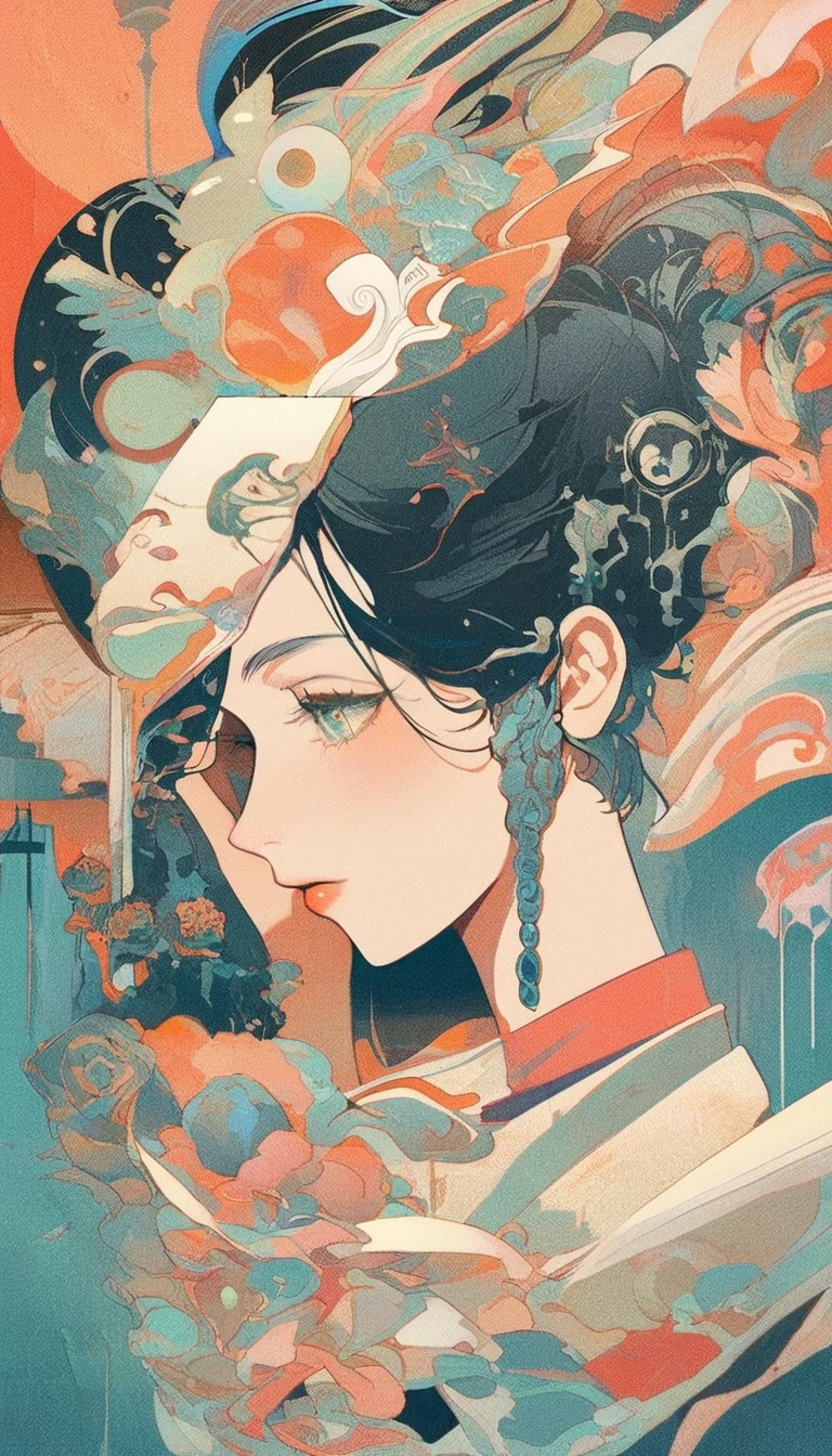 From a collage that mixes retro elements、Create dramatic contemporary digital art portraits。, Surrealism, And vintage aesthetics, Focus on intricate details、It depicts a beautiful woman&#39;s full body in a relaxed pose with a dramatic, neutral expression, Detailed Hand
