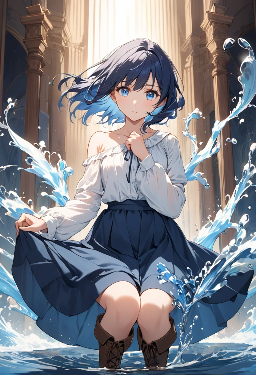 20 years old anime girl, with short dark blue hair to the shoulders, a serious yet tender expression, and bright light blue eyes. She dresses in an antique style, wearing a long dark blue skirt that reaches her knees, and small dark brown boots up to her ankles. Her white blouse is long-sleeved, covering her fingers slightly, and falls off one shoulder, leaving it exposed. She possesses water powers and has a water-themed background.