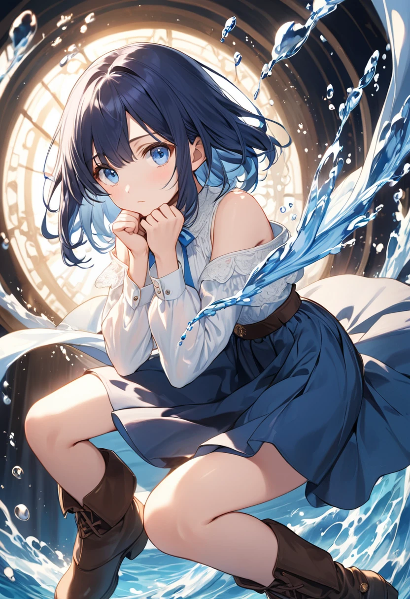 20 years old anime girl, with short dark blue hair to the shoulders, a serious yet tender expression, and bright light blue eyes. She dresses in an antique style, wearing a long dark blue skirt that reaches her knees, and small dark brown boots up to her ankles. Her white blouse is long-sleeved, covering her fingers slightly, and falls off one shoulder, leaving it exposed. She possesses water powers and has a water-themed background.