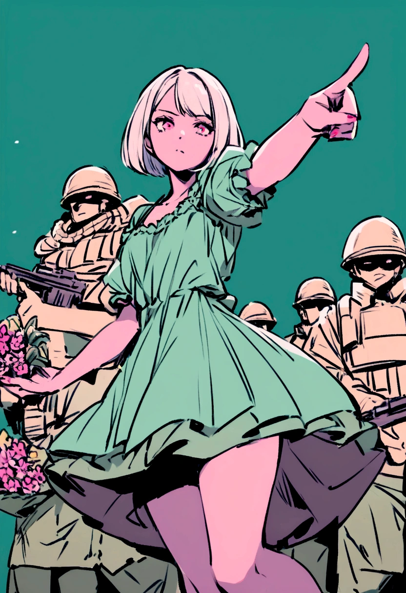 Young girl in dress handing flowers with outstretched hand to a legion of armed soldiers pointing guns at her ,War scenario