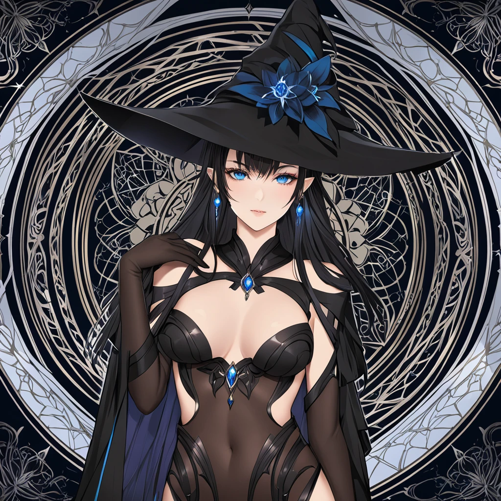 masterpiece, best quality, 1woman adult, female focus, solo, black hair, vibrant blue eyes, long hair, looking at viewer, closed mouth, bangs, Fantasy aesthetics, Highly detailed, shadowverse style, black attire, sorceress