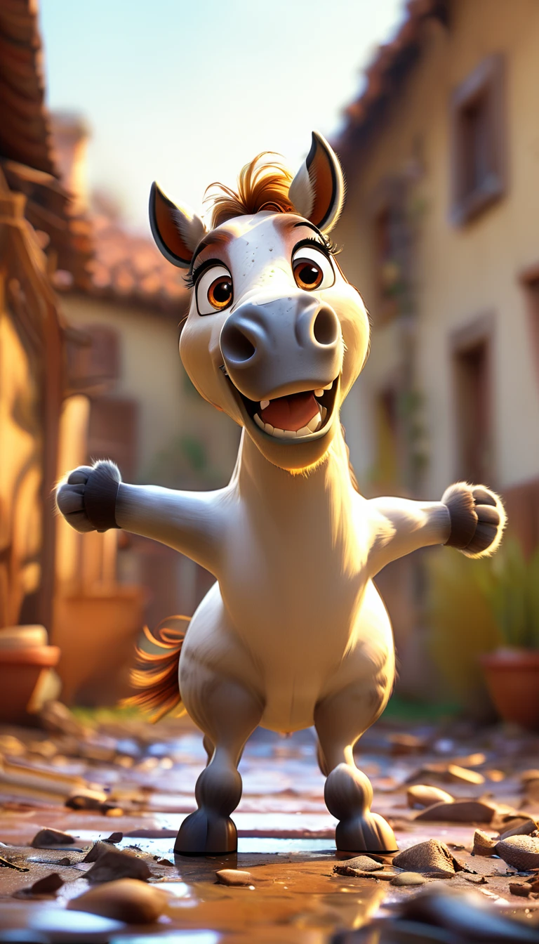 cute horse, cartoon , arms, hands ,cute eyes, horse ears,looking at viewer, arms up, dirty background, dirty
