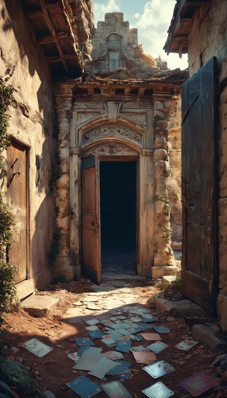 Abandoned old spooky courtyard,Old cards,In the deserted mountains,The eerie atmosphere of the door