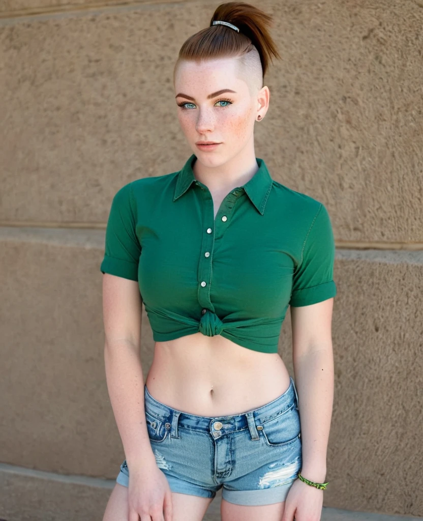 Muscular college girl with large breast and a large butt, blue eyes, pale skin, freckles and a nose piercing with a short slicked back men’s haircut with both sides of her head shaved wearing a green shirt and jean shorts at a college 