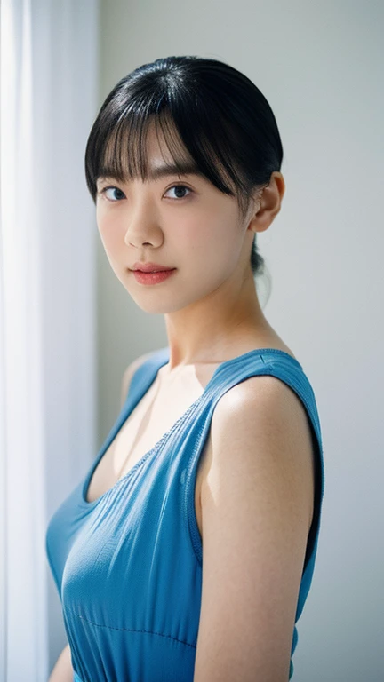 A woman in her 50s、five〇age、A little old、Big Breasts、camisole、(Corridors in Japan、Some of her hair is sky blue:1.4)、White wall、(A room with a white wall and a window)、((highest quality、8k、masterpiece:1.3))、Ultra-high resolution、(photoGenuineistic:1.4)、RAW Photos、Japanese,(Detailed aspect)、Genuine、Photographed in natural light、Highly detailed face and skin texture、Highly detailed lips、The correct state of the human body、Shortcuts、Black Hair、Various poses、Natural color lip、Upper Body