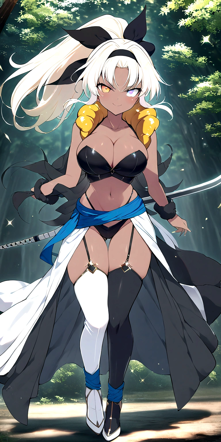 (masterpiece), high quality, expressive eyes, perfect face, a woman standing with a sword sheathed on her back, 1girl, a fusion of Yuyaki and (Leo), long_hair, multicolored_hair, two-tone_hair, blonde_hair, white_hair, ponytail, full_body_view, holding_weapon, breasts, large_breasts, forest_background, hairband, cleavage, thighhighs, dark_skin, navel, right_eye_black, yellow_left_eye, multicolored_ eyes, dark-skinned_female, black_thighhighs, cleavage, looking_at_viewer, ribbon, hair_ribbon, fusion, metamoran vest, white pants, blue belt, black wristbands, smirk, solo, sparkles, black sports bra, crop top