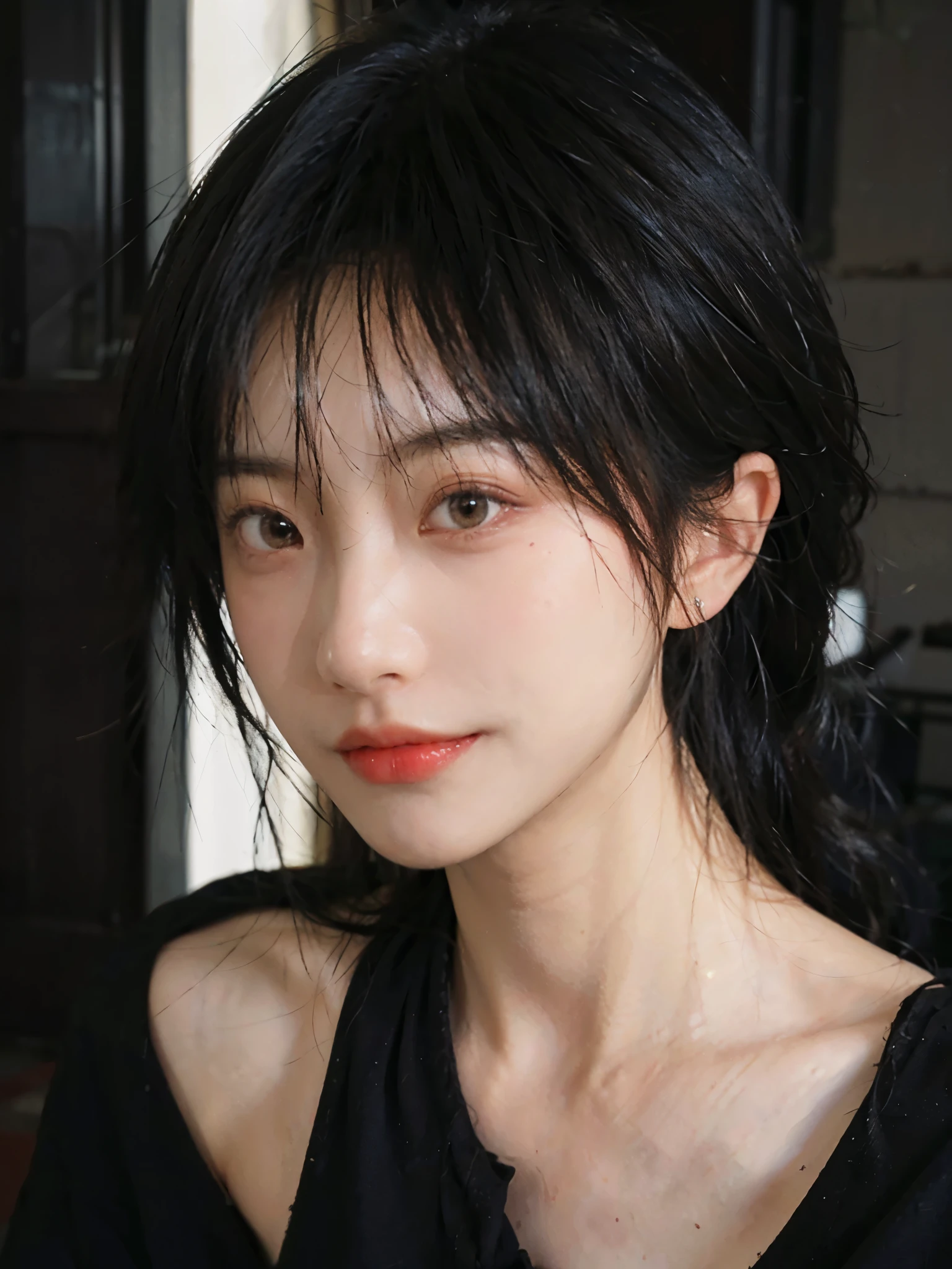 (Skin details:1.4), (smooth skin textures:1.3), (Upper Body:1.4),(Upper Body:1.3),(Black clothes:1.4),Lipstick, background, earrings, serene, calm, (Realistic and detailed eyes:1.2), Natural skin texture, Realistic facial details, Soft dramatic lighting, Vivid details, 35 mm film, outdoor, (Photo Practical:1.4), (hyper Practical:1.4), (Practical:1.3), (Smoother lighting:1.05), (Improve lighting quality:0.9), (Highest quality real skin textures:1.4), Exquisite eyes, Delicate face, Close-up of face, (Enhance the beauty of skin texture:1.1),0Normal body proportions, short hair, Moles under the eyes, A faint smile,Portrait Photography, Depth of Field, Bokeh, Surrealism, Ray Tracing, (Portrait Photography:1.1), Surrealism, High Detail, Chiaroscuro, Ray Tracing, reflected light, Ultra HD, Ultra HD, masterpiece, Textured Skin, Super Detail, High Detail, high quality, best quality