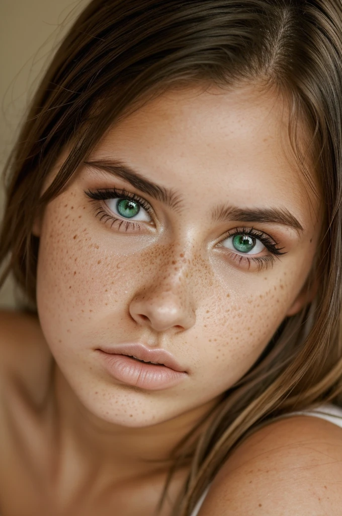 20 years old woman, brune, green eyes, light freckles, pouty lips