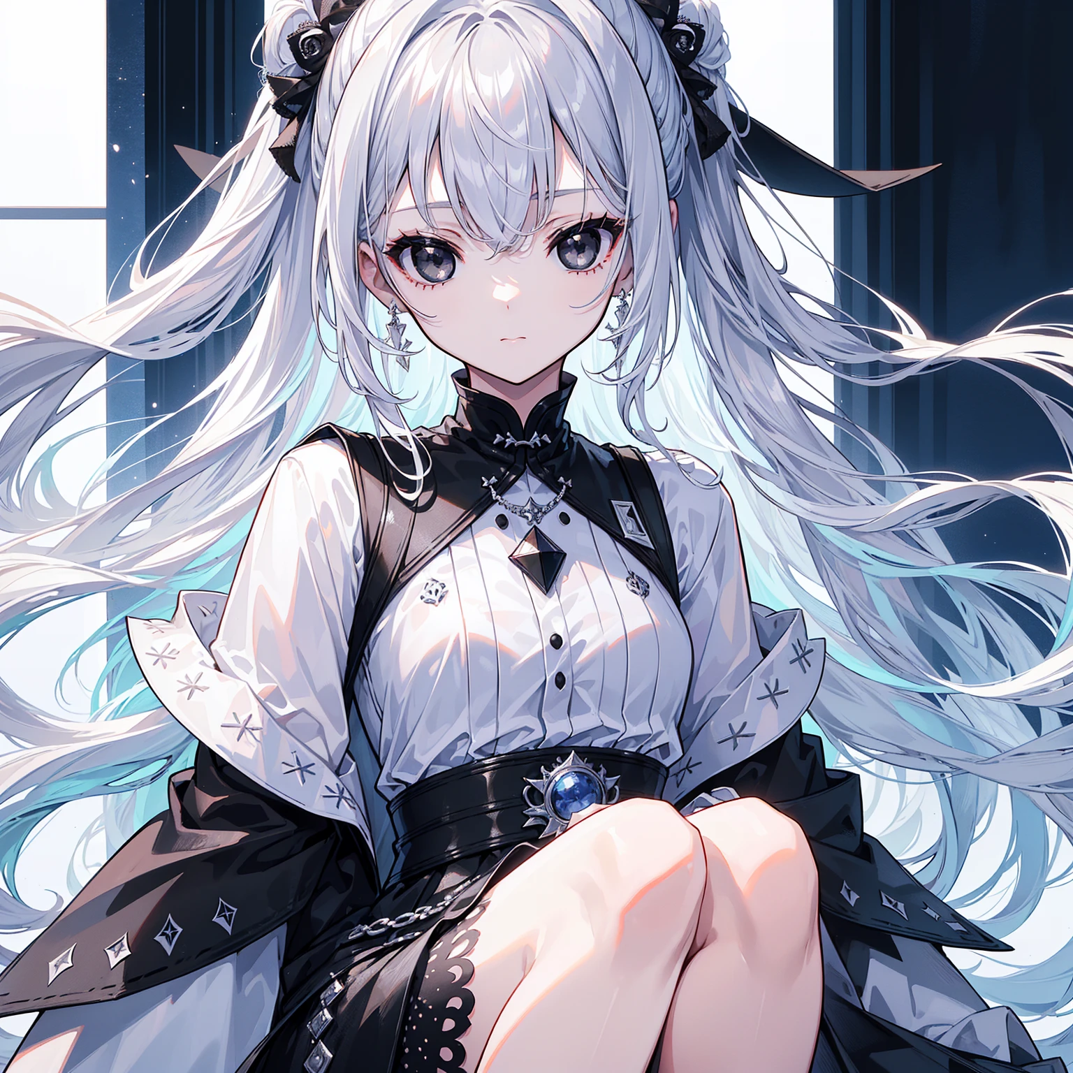 (Top image quality)、(Ultra Detailed)、(Facing forward)、top quality、masterpiece、((((1 girl))))、Silver Hair、white hair、((Long hair))、(black eyes:1.6)