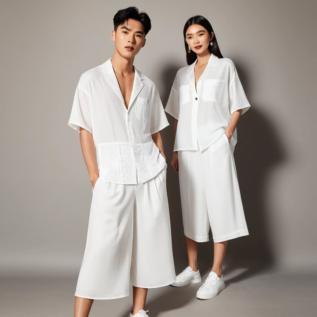 candid fashion illustration of young Asian man and woman, both aged 20 year old, ((showcase fashion look book in a White rayon outfits)), inspired by Zara's resort collection 2020 in elegant young bohemian style. The man wears an oversized short-sleeved bowling white shirt with a pocket details, paired with relaxed-fit white Sports Wide Leg Shorts Baggy short and Drawstring, He completes his look with white sneakers, sunglasses and bracelet. The woman complements him in a white Ankle-length dress in a rayon with delicate lace insets, V-shaped neckline, covered buttons down the front and an open section, spaghetti shoulder straps, Gathered tiers down the skirt and a scalloped hem, Her ensemble includes an accessorizes with a wide-brimmed straw hat, white sneakers and necklace. Captured in a low angle, ((full-body image)), The photograph is taken with a Canon EOS R camera using an 85mm f/1.8 lens at an f/2.2 aperture, utilizing natural light. Employing three-point lighting and incorporating 3D animation shadows enhances his features and adds depth to the composition. The careful layering and arrangement of his body parts and surrounding objects ensure a flawless composition. This masterpiece celebrates the beauty of the male form and invites viewers to immerse themselves in a world of sophistication and charm. The seductive lighting and intricate details, combined with a dramatic composition, invite viewers to revel in the essence of a fun-filled day, brimming with joy and relaxation. Attention is meticulously paid to the layers and arrangement of his body parts and surrounding objects, ensuring correct body structure and photo distance. The romantic atmosphere, paired with a lively and extremely gorgeous background, enhances the overall allure of this exquisite image.