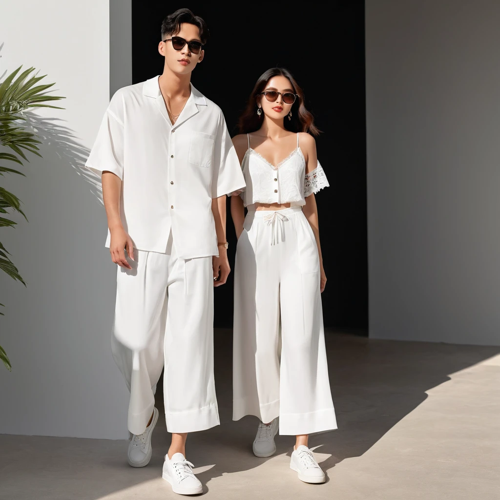 candid fashion illustration of young Asian man and woman, both aged 20 year old, ((showcase fashion look book in a White rayon outfits)), inspired by Zara's resort collection 2020 in elegant young bohemian style. The man wears an oversized short-sleeved bowling white shirt with a pocket details, paired with relaxed-fit white Sports Wide Leg Shorts Baggy short and Drawstring, He completes his look with white sneakers, sunglasses and bracelet. The woman complements him in a white Ankle-length dress in a rayon with delicate lace insets, V-shaped neckline, covered buttons down the front and an open section, spaghetti shoulder straps, Gathered tiers down the skirt and a scalloped hem, Her ensemble includes an accessorizes with a wide-brimmed straw hat, white sneakers and necklace. Captured in a low angle, ((full-body image)), The photograph is taken with a Canon EOS R camera using an 85mm f/1.8 lens at an f/2.2 aperture, utilizing natural light. Employing three-point lighting and incorporating 3D animation shadows enhances his features and adds depth to the composition. The careful layering and arrangement of his body parts and surrounding objects ensure a flawless composition. This masterpiece celebrates the beauty of the male form and invites viewers to immerse themselves in a world of sophistication and charm. The seductive lighting and intricate details, combined with a dramatic composition, invite viewers to revel in the essence of a fun-filled day, brimming with joy and relaxation. Attention is meticulously paid to the layers and arrangement of his body parts and surrounding objects, ensuring correct body structure and photo distance. The romantic atmosphere, paired with a lively and extremely gorgeous background, enhances the overall allure of this exquisite image.