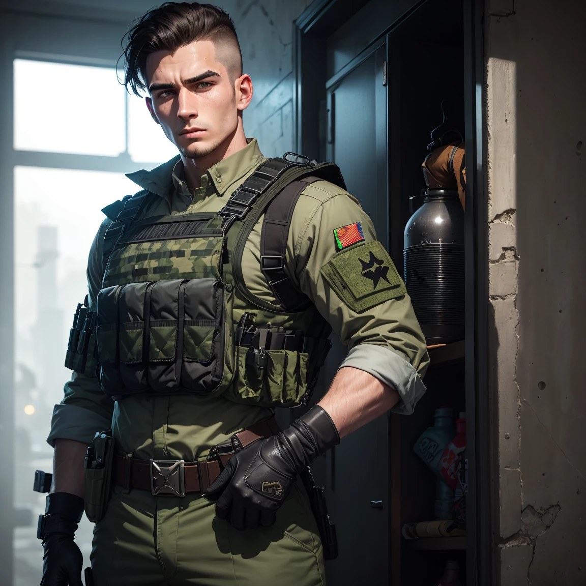 1 man, 25-year old, character of the game Cal of Duty Modern Warfire stands calmly, wearing green camouflage combat suit, (black bulletproof vest: 1.3), black half-gloves, (grenade belt: 1.3), stunning, tall, Dark hair, buzz cut, (full length:1.2), modern warfare