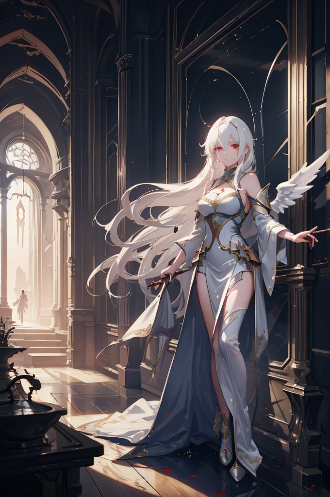 (very delicate, Masterpiece, Excellent lighting and shadows, HD wallpaper 8K), woman, 16 years old, white hair, red eyes, with angel wings, wearing a goddess costume, holding a spear of light, On the building., My Hero Academy.