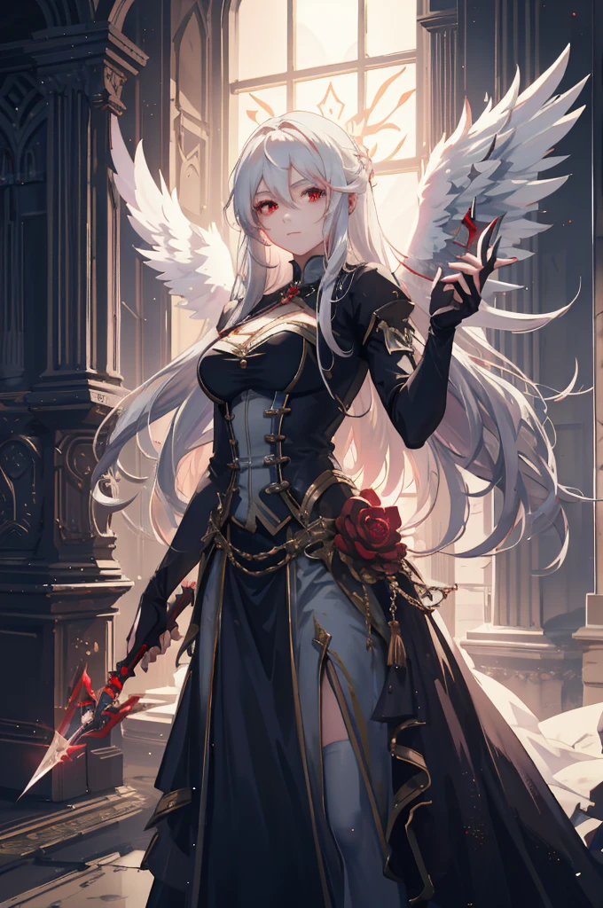 (very delicate, Masterpiece, Excellent lighting and shadows, HD wallpaper 8K), woman, 16 years old, white hair, red eyes, with angel wings, wearing a goddess costume, holding a spear of light, On the building., My Hero Academy.