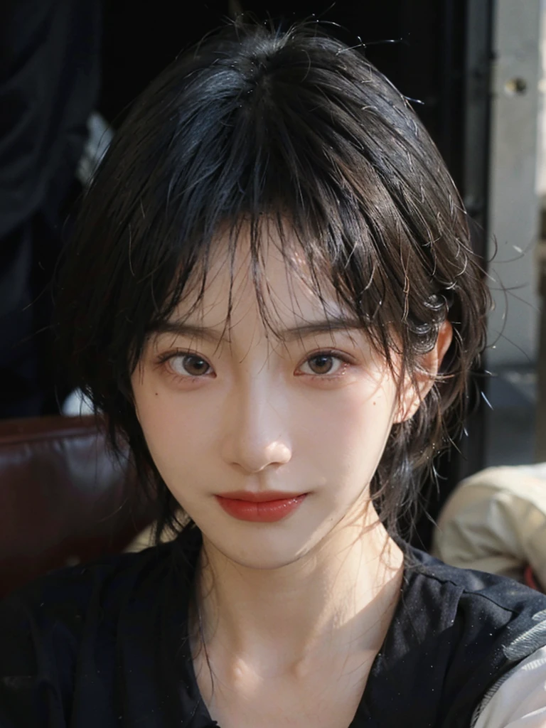 (Skin details:1.4), (smooth skin textures:1.3), （Upper Body：1.4），（Upper Body：1.3)，(Black clothes:1.4)，Lipstick, background, earrings, serene, calm, (Realistic and detailed eyes：1.2）, Natural skin texture, Realistic facial details, Soft dramatic lighting, Vivid details, 35 mm film, outdoor, (Photo Practical:1.4), (hyper Practical:1.4), (Practical:1.3), (Smoother lighting:1.05), (Improve lighting quality:0.9), (Highest quality real skin textures:1.4), Exquisite eyes, Delicate face, Close-up of face, (Enhance the beauty of skin texture:1.1),0Normal body proportions, short hair, Moles under the eyes, A faint smile,Portrait Photography, Depth of Field, Bokeh, Surrealism, Ray Tracing, (Portrait Photography:1.1), Surrealism, High Detail, Chiaroscuro, Ray Tracing, reflected light, Ultra HD, Ultra HD, masterpiece, Textured Skin, Super Detail, High Detail, high quality, best quality