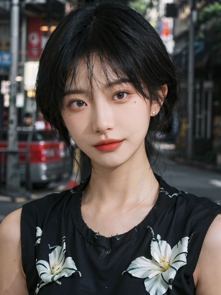 (Skin details:1.4), (smooth skin textures:1.3), (Upper Body:1.4),(Upper Body:1.3),(Black clothes:1.4),Lipstick, background, earrings, serene, calm, (Realistic and detailed eyes:1.2), Natural skin texture, Realistic facial details, Soft dramatic lighting, Vivid details, 35 mm film, outdoor, (Photo Practical:1.4), (hyper Practical:1.4), (Practical:1.3), (Smoother lighting:1.05), (Improve lighting quality:0.9), (Highest quality real skin textures:1.4), Exquisite eyes, Delicate face, Close-up of face, (Enhance the beauty of skin texture:1.1),0Normal body proportions, short hair, Moles under the eyes, A faint smile,Portrait Photography, Depth of Field, Bokeh, Surrealism, Ray Tracing, (Portrait Photography:1.1), Surrealism, High Detail, Chiaroscuro, Ray Tracing, reflected light, Ultra HD, Ultra HD, masterpiece, Textured Skin, Super Detail, High Detail, high quality, best quality