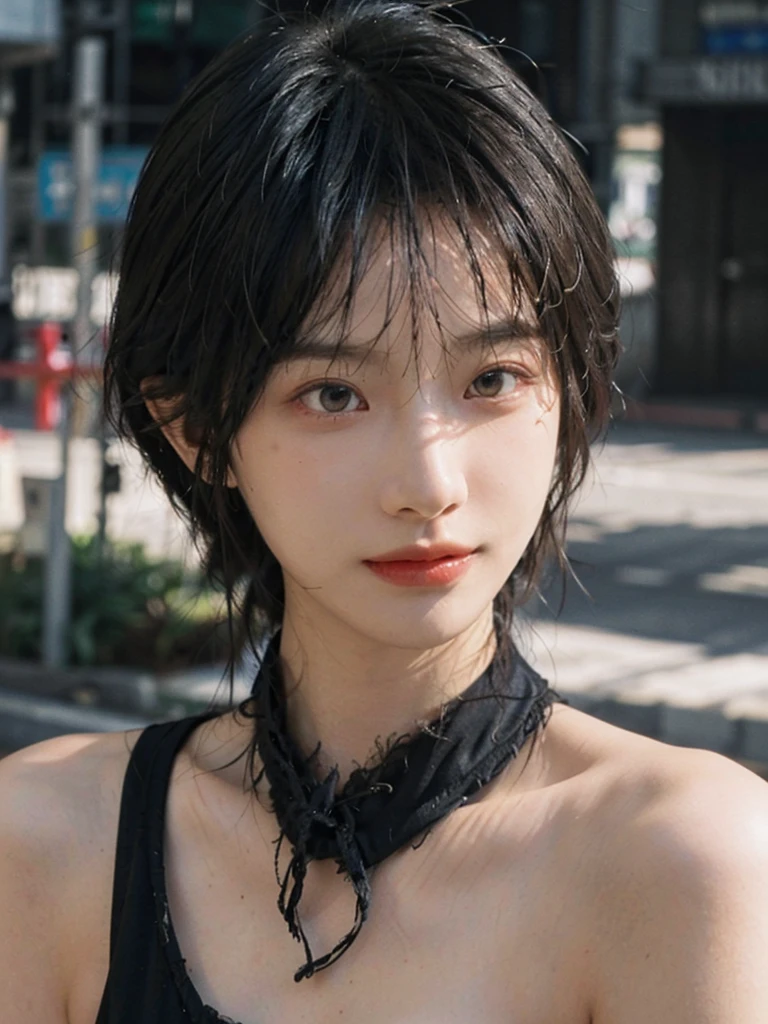 (Skin details:1.4), (smooth skin textures:1.3), (Upper Body:1.4),(Upper Body:1.3),(Black clothes:1.4),Lipstick, background, earrings, serene, calm, (Realistic and detailed eyes:1.2), Natural skin texture, Realistic facial details, Soft dramatic lighting, Vivid details, 35 mm film, outdoor, (Photo Practical:1.4), (hyper Practical:1.4), (Practical:1.3), (Smoother lighting:1.05), (Improve lighting quality:0.9), (Highest quality real skin textures:1.4), Exquisite eyes, Delicate face, Close-up of face, (Enhance the beauty of skin texture:1.1),0Normal body proportions, short hair, Moles under the eyes, A faint smile,Portrait Photography, Depth of Field, Bokeh, Surrealism, Ray Tracing, (Portrait Photography:1.1), Surrealism, High Detail, Chiaroscuro, Ray Tracing, reflected light, Ultra HD, Ultra HD, masterpiece, Textured Skin, Super Detail, High Detail, high quality, best quality