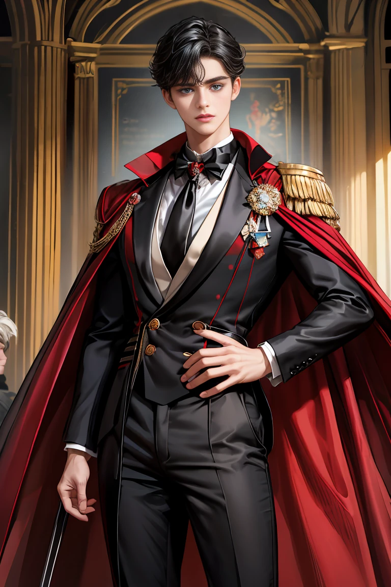 masterpiece, 最high quality, high quality, 1 boy, alone, Male focus, Watching the audience, Messy black hair, Adorable big blue eyes, White people, Noble, Noble,Sexy voluminous black and red cape、Tuxedo、A very voluminous, large, very large, very large, long, long red and black cape with a high stand-up collar, reaching down to the floor, made of a lot of fabric., ,Cute beautiful boys,Cute, cute, kind, handsome guy