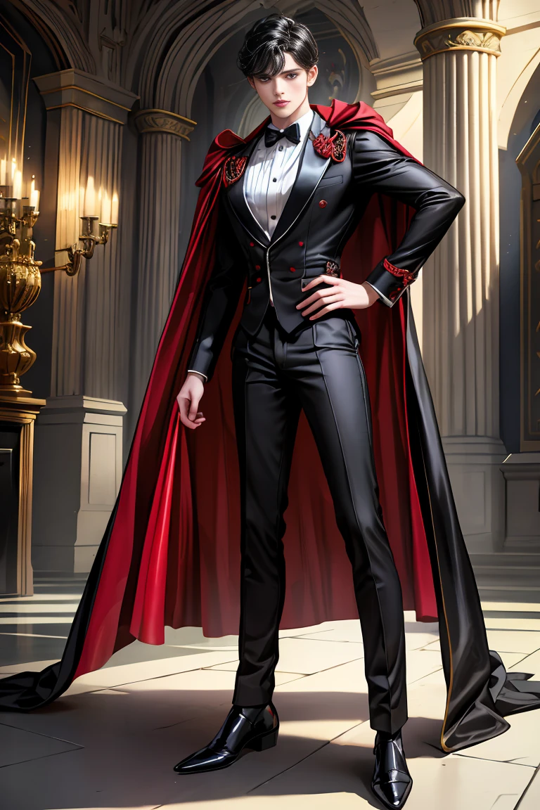 masterpiece, 最high quality, high quality, 1 boy, alone, Male focus, Watching the audience, Messy black hair, Adorable big blue eyes, White people, Noble, Noble,Sexy voluminous black and red cape、Tuxedo、A very voluminous, large, very large, very large, long, long red and black cape with a high stand-up collar, reaching down to the floor, made of a lot of fabric., 17 years old,Cute beautiful boys,Cute, cute, kind, handsome guy
