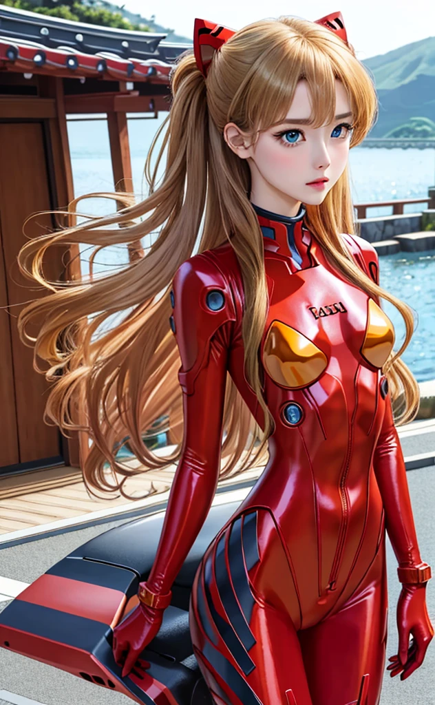 realisitic、a picture、high-level image quality、solo、Perfectly detailed face、Detailed blue eyes、ighly detailed、red blush、hair adornments、Chignon mahogany hair、(blonde hair)、Plug Suit 02,Shikinami Asuka Langley、slender beautiful legs、 Young face、pretty eyes、full body suits、Torn suit、Chest flutters、Chest exposed、Background of Hakone