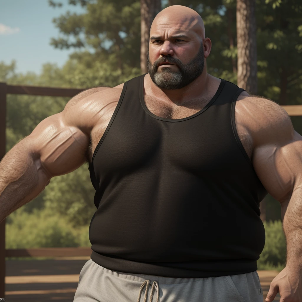 8K resolution very realistic An award-winning original photo，8K Very Realistic Accurate Bearded Big Bald Middle Aged Manly Chubby Fat Muscular Beefy Burly big belly hairy daddy bear man,( wearing an accurate shorts ),( wearing an accurate Black Singlet Cotton Vests Training Tank Top ),( 8K Very realistic Accurate shoulders), 8K very realistic accurate detailed shoulders, 8K Very Realistic Accurately detailed bearded big bald middle aged daddy bear big belly chubby muscular manly burly beefy hairy daddy bear man, 8K very realistic accurate beard, 8K very realistic accurate detailed beard, 8K very realistic accurate body hair, 8K very realistic accurate detailed body hair, 8K very realistic accurate mens clothing,8K very realistic accurate detailed mens clothing,( 8K Realistic Detailed face:1.3),8K very realistic accurate arms,8K very realistic accurate detailed arms, 8K very realistic accurate hands, 8K very realistic accurate detailed hands, 8K very realistic accurate elbows, 8K very realistic accurate fingers, 8K very realistic accurate detailed fingers, 8K very realistic accurate wrist, 8K very realistic accurate chest, 8K very realistic accurate burly belly, 8K very realistic accurate detailed burly belly, very realistic accurate detailed chest, 8K very realistic accurate pecs, 8K very realistic accurate pecs, 8K very realistic accurate thick neck, 8K very realistic accurate neck, 8K very realistic accurate detailed neck, 8K very realistic accurate detailed neck lines,8K very realistic accurate lips,8K very realistic accurate lips,8K very realistic accurate eyes,8K very realistic accurate detailed eyes, 8K very realistic accurate big burly body, 8K very realistic accurate detailed big burly body, volumetric lighting,( 8K Very High Best quality,8K A Very high resolution, 8K Very Photorealistic),8K very realistic accurate Intricate details,very accurate daddy bear photoshoot, 8k High hdr,8K Very Realistic upper body shot, 8k very realistic detailed upper body shot