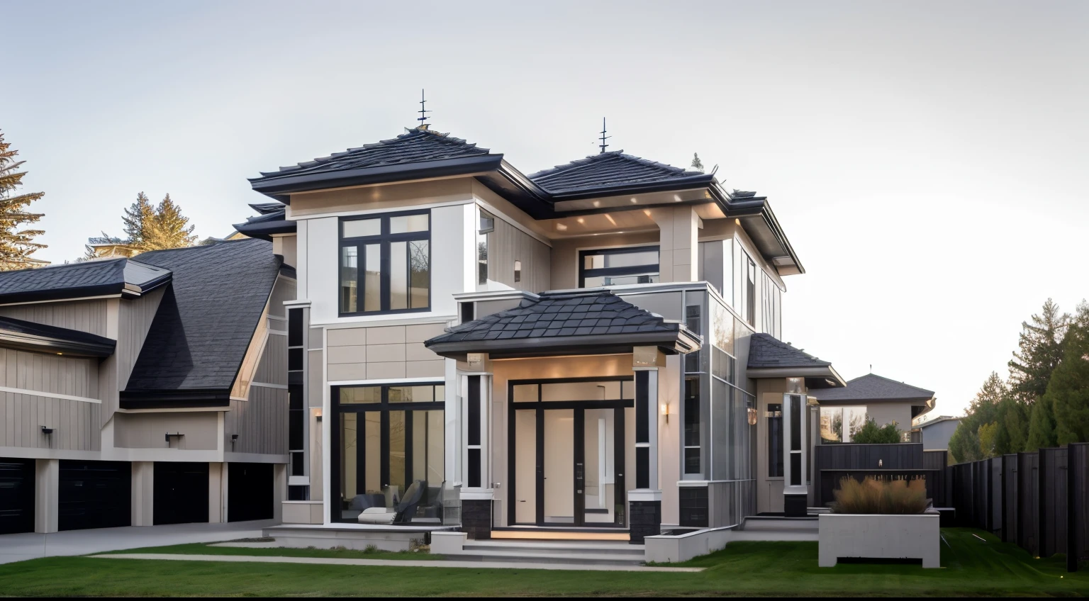 contemporary style house exterior, modernism, glass doors and windows,rail en métal noir, plafond en conwood, head of'artwork, High quality, photo realistic, marque canon eos 5D, Natural light,