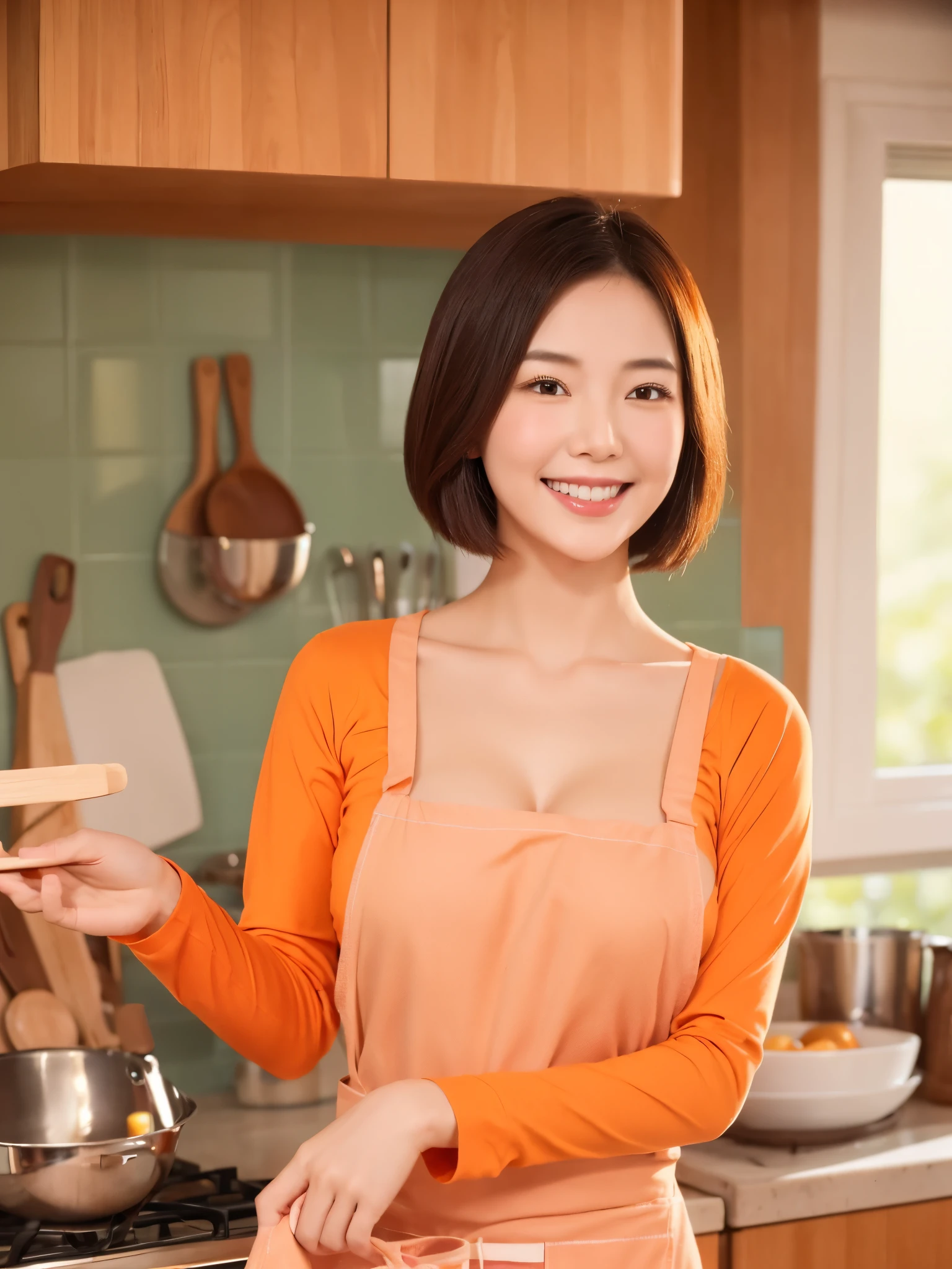 Gentle and virtuous China、Japanese Beauty,short hair、Wearing an orange apron in the kitchen,Wear a V-neck long-sleeved T-shirt inside,Holding up the spatula,Charming smile、Big breasts、Double eyelids,Focus、High Definition,Very good figure,Fair skin