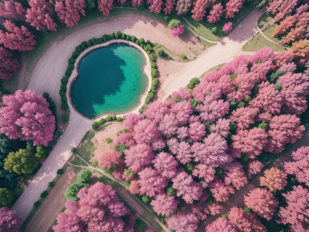 Aerial view,The ground is covered with pink plants,Beautiful colors,Real material,Ultra-detailed scenes,4K,real picture
