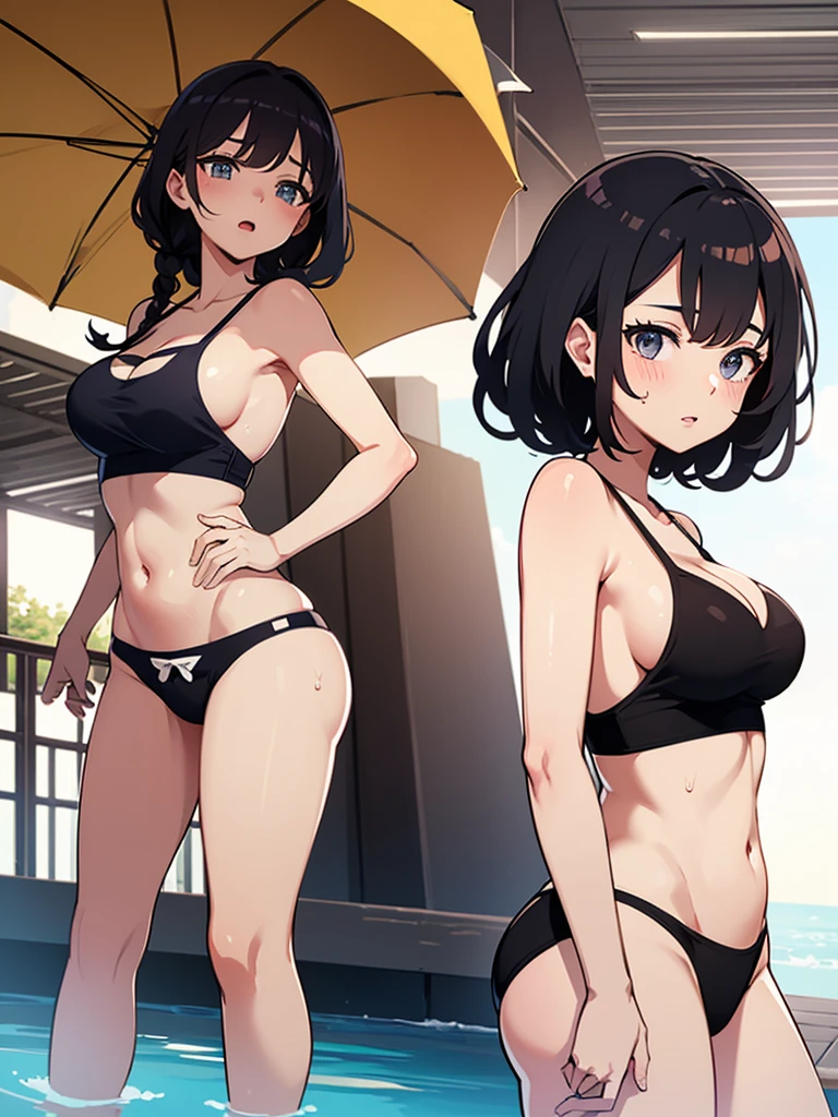 (Highest quality),(masterpiece),Cute Girls,Perfect breasts,Perfect Ass,20-year-old,Sensual look,Swimwear,Perfect body,Round Breasts,Soft lips,sweating,Black Hair