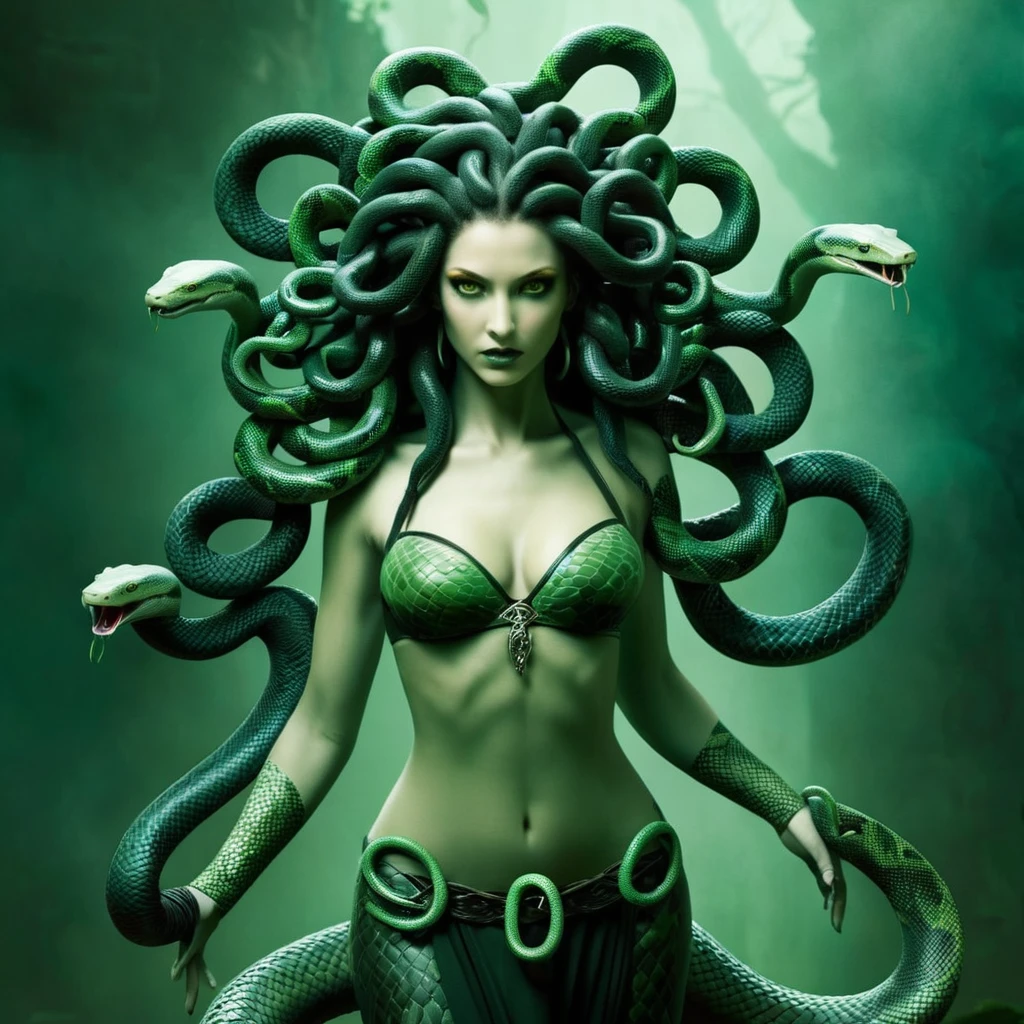 Dark Fantasy Art of  Medusa a woman with snake dreads, In Greek mythology, Medusa, also called Gorgo,  a human female with living venomous snakes in place of hair, dark, moody, dark fantasy style, full body photo of Medusa, pale skin, hairless, scalp is made of tiny snakes with their own heads, hundreds of tiny snakes growing from her head, big , bra, snake body from waist down, green eyes, holds a sword. 