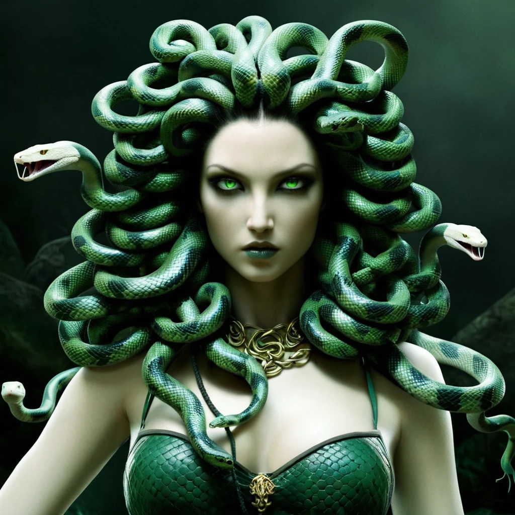 Dark Fantasy Art of Medusa a woman with snake dreads, In Greek mythology, Medusa, also called Gorgo, a human female with living venomous snakes in place of hair, dark, moody, dark fantasy style, full body photo of Medusa, pale skin, hairless, scalp is made of tiny snakes with their own heads, hundreds of tiny snakes growing from her head, big , bra, snake body from waist down, green eyes, holds a sword.
