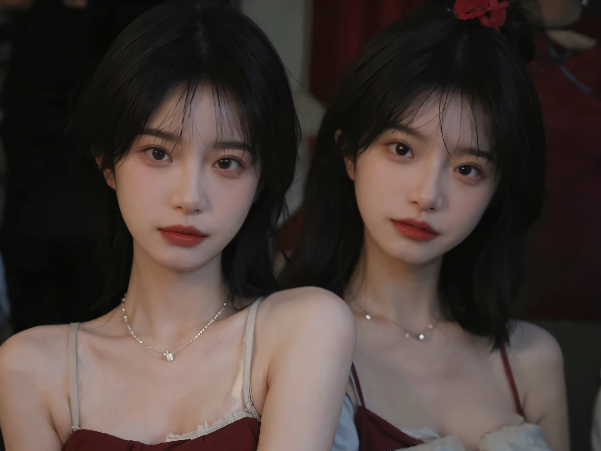 Film portrait photography, 2 girls, Bare shoulders,Lipstick,(flat chest:1.4), Wear a necklace,Cute expression,Exquisite makeup,Red suspenders,serene, calm, (Realistic and detailed eyes, Natural skin texture, Realistic facial details), Big breasts:1.6,Big Breasts,Soft dramatic lighting, Depth of Field, Bokeh, Vibrant details, Detailed and detailed, Surreal, 35mm film, hazy, ,