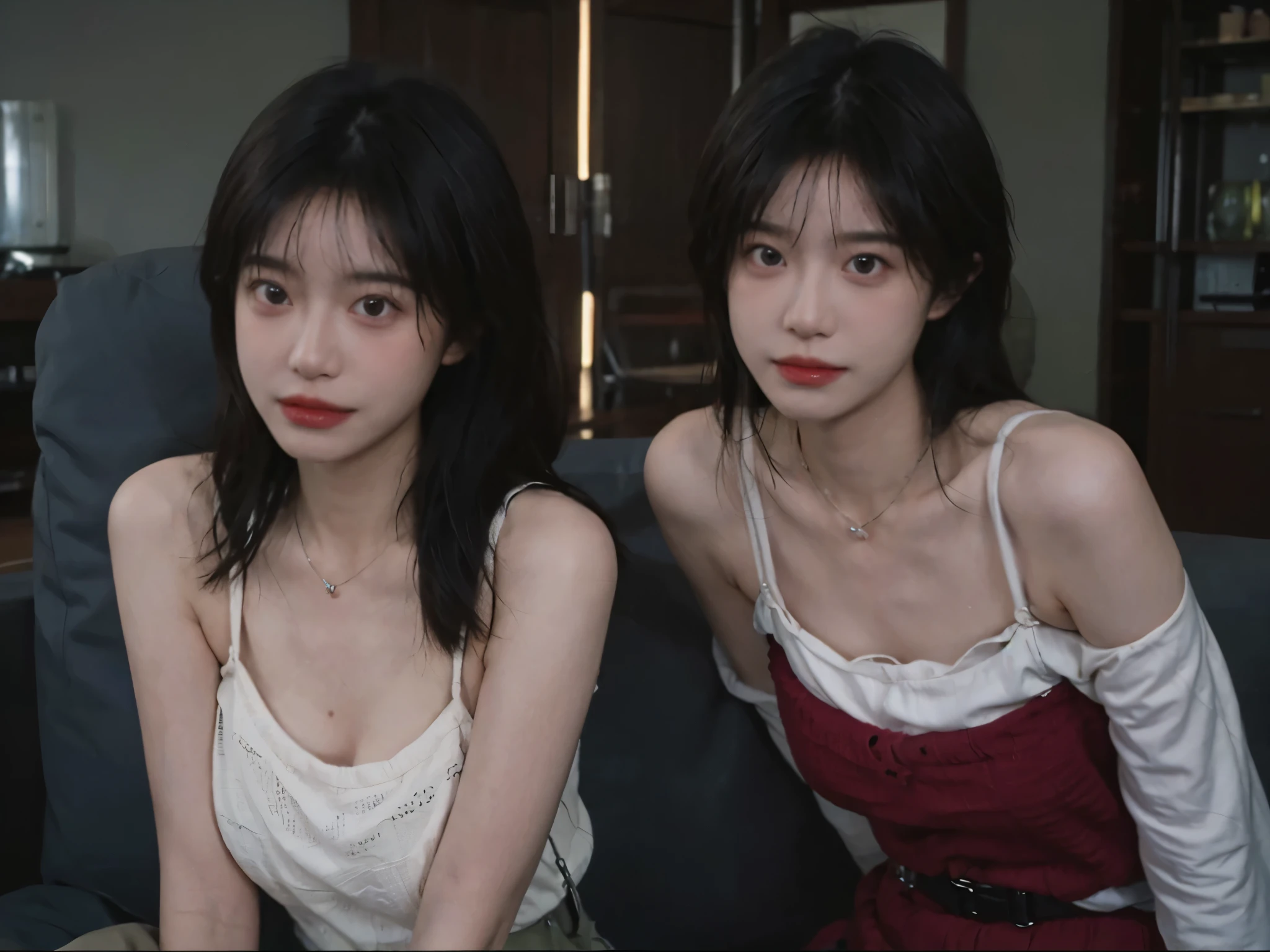 Film portrait photography, 2 girls, Bare shoulders,Lipstick,(flat chest:1.4), Wear a necklace,Cute expression,Exquisite makeup,Red suspenders,serene, calm, (Realistic and detailed eyes, Natural skin texture, Realistic facial details), Big breasts:1.6,Big Breasts,Soft dramatic lighting, Depth of Field, Bokeh, Vibrant details, Detailed and detailed, Surreal, 35mm film, hazy, ,