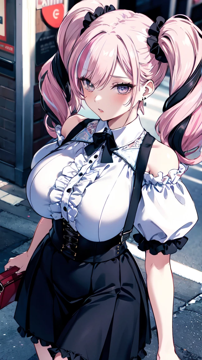 Saggy breasts,Mature Woman,Huge breasts, Huge breasts,alone,Improve,((teasing)),eye shadow,lip,Glossy eyelashes,Pink Hair,Black Hair, ((Two-tone hair)),Twin tails,Earrings, Detailed decoration, oh,Half an eye,embroidery, corset, Suspender skirt, Frilled Skirt, Off-the-shoulder knit, Extra Large, Baggy clothes, lipニット, Puff sleeves, Long Hair, Curly Hair,From an angle,Dynamic Angle, throw,From above ,(Hand Focus),(((pastel colour))), Wide-angle,Walking around the city, bag,