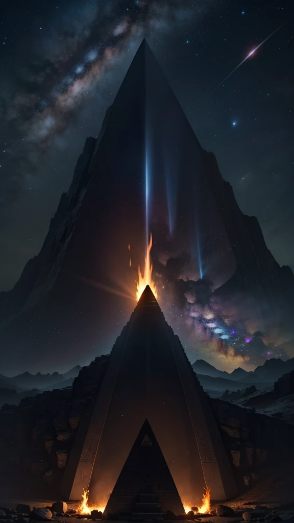 pyramid formed of pure energy, below the pyramid a cave with live fire, at the top of the pyramid energy dissipates throughout the cosmos, dark background