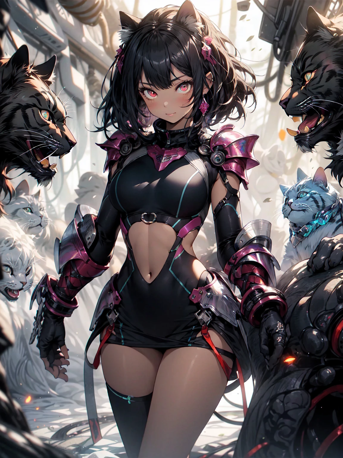 Be realistic,(masterpiece,Highest quality,Highest quality,Very detailed,Fractal Art,Most detailed,(Abstract background:1.5)(1 Girl),Kamimei,(long white and black hair),(Red eyes glow、Big Breasts、Toned Abs,Stunned),Abyss Stick、crystallization,Black competitive swimsuit、High leg、Sexy、Machine Armor、Sunburned skin、Demon Horn、Berserk、There are large wounds on the body、mini skirt、white and black mesh hair、Cat ear
