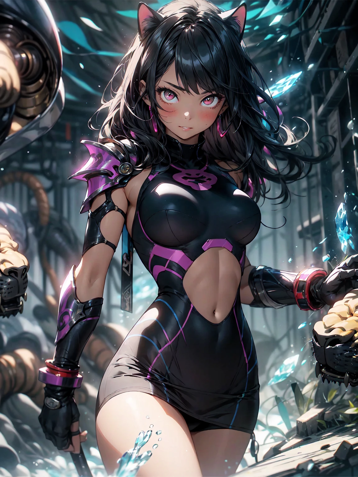 Be realistic,(masterpiece,Highest quality,Highest quality,Very detailed,Fractal Art,Most detailed,(Abstract background:1.5)(1 Girl),Kamimei,(long white and black hair),(Red eyes glow、Big Breasts、Toned Abs,Stunned),Abyss Stick、crystallization,Black competitive swimsuit、High leg、Sexy、Machine Armor、Sunburned skin、Demon Horn、Berserk、There are large wounds on the body、mini skirt、white and black mesh hair、Cat ear