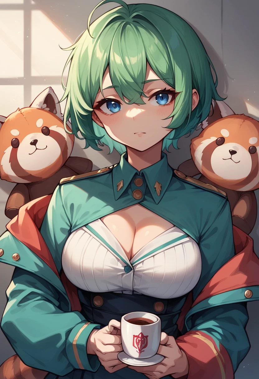 Blue-green hair girl Blue Eyes Short Hair Red panda stuffed toy Second Dimension anime An illustration vtuber C Cup Warrior uniform long sleeve Cleavage Kemomimi