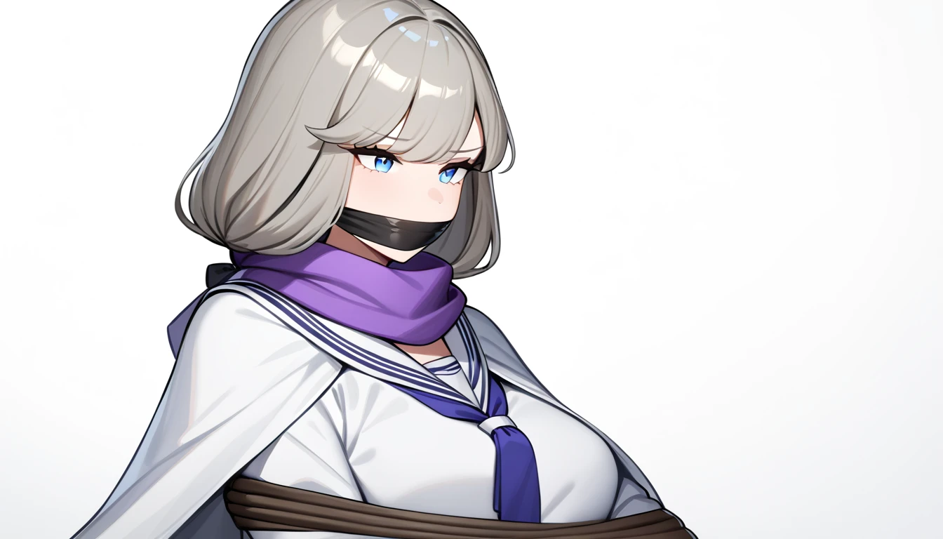 bkornblume, grey hair, blue eyes
s, 1girl,solo,simple background,white background,nai3,masterpiece, best quality, very aesthetic, absurdres, white dress, white skirt, purple scarf, white cape, sailor collar, sitting on bed, tied up, otm gag, upper body,