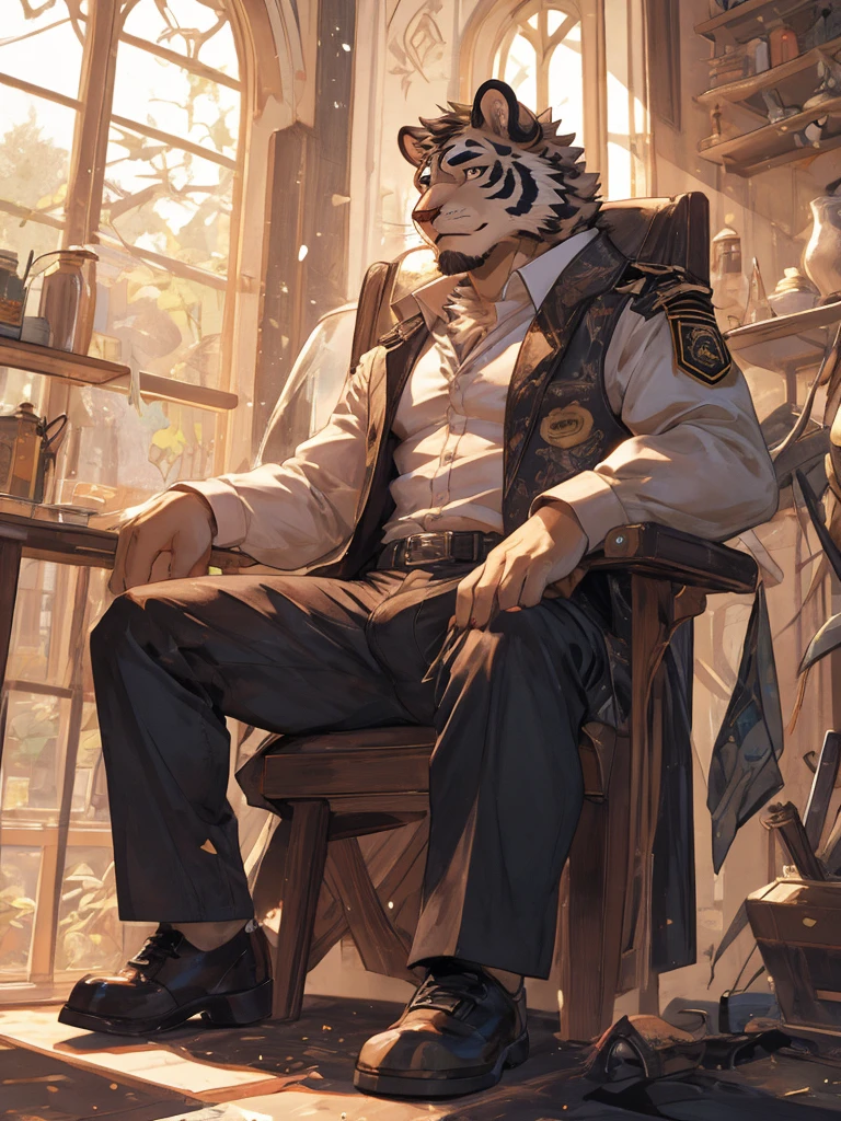 {{bara extremely handsome white tiger,}} {{white fur,}} white, wearing military like purple trench coat, purple trousers, white dress shirt and necktie, white fluffy furry body and limbs, loafers, very tall, very broad shoulders, narrow waist, muscular arms, massive pecs, purple eyes, very long legs,  sitting on swivel chair with legs spread, massive bulge, reading file, sophisticated smart look, full body, sunlight casting over, 3/4 view, best quality, high quality, silver earring on left ear, sultry smirk