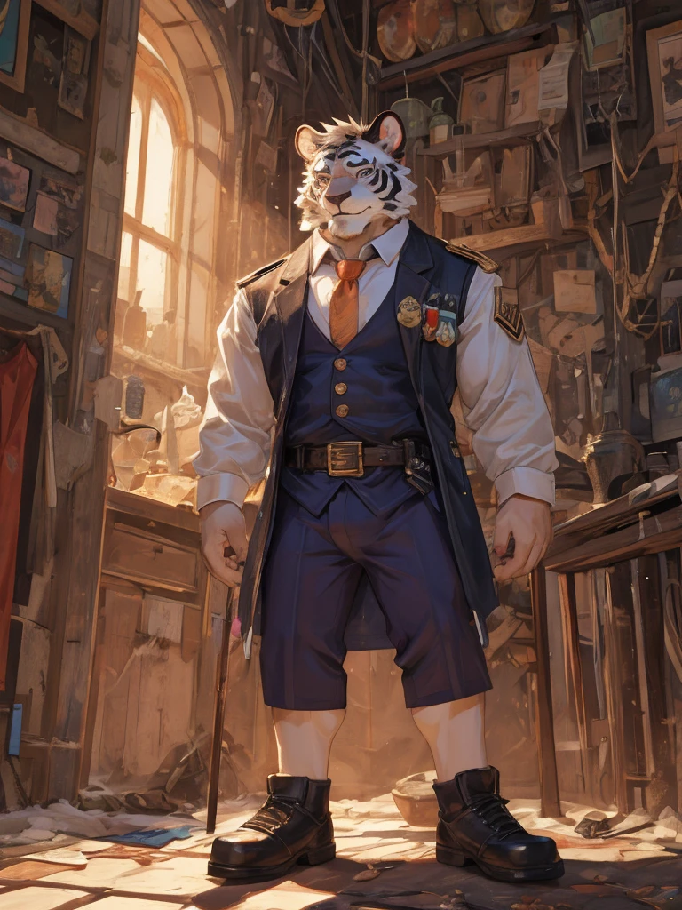 {{bara extremely handsome white tiger,}} {{white fur,}} white, wearing military like purple trench coat, purple trousers, white dress shirt and necktie, white fluffy furry body and limbs, loafers, very tall, very broad shoulders, narrow waist, muscular arms, massive pecs, purple eyes, very long legs,  sitting on swivel chair with legs spread, massive bulge, reading file, sophisticated smart look, full body, sunlight casting over, 3/4 view, best quality, high quality, silver earring on left ear, sultry smirk