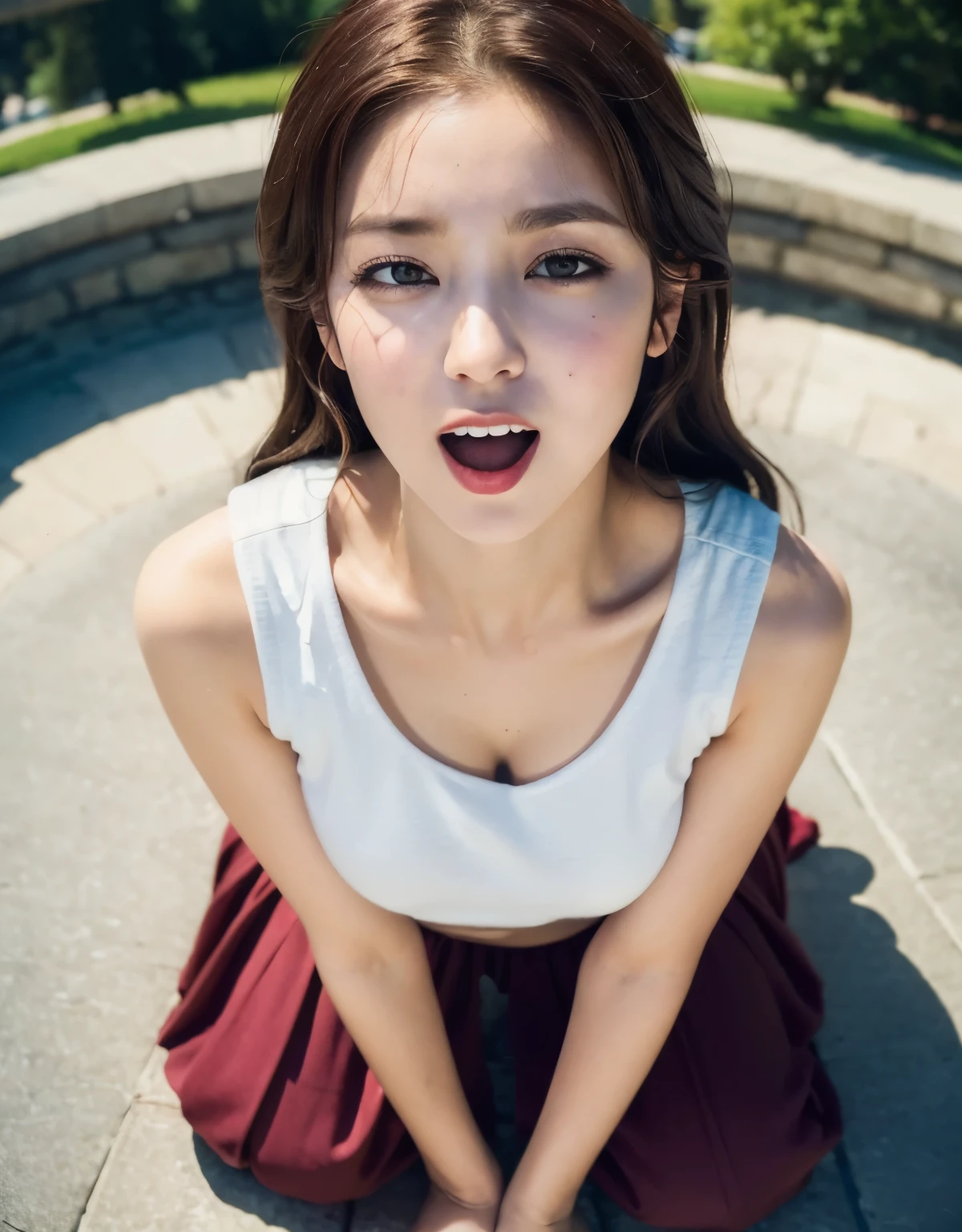 ((Top quality, 8K, masterpiece: 1.3)), beauty, 1 girl, beauty的: 1.3, Slim abdominal muscles: 1.1, Dark brown hair, Top view，The lens looks down，(Kneeling on the ground, Legs open: 1.2), Extremely detailed face, Highly detailed lips, Close your eyes，Runny milk，Milk splashing on face，Delicate eyes, Double eyelids，Touch your body with both hands，Look up at the camera，open mouth，Expression of enjoyment，from above, fisheye