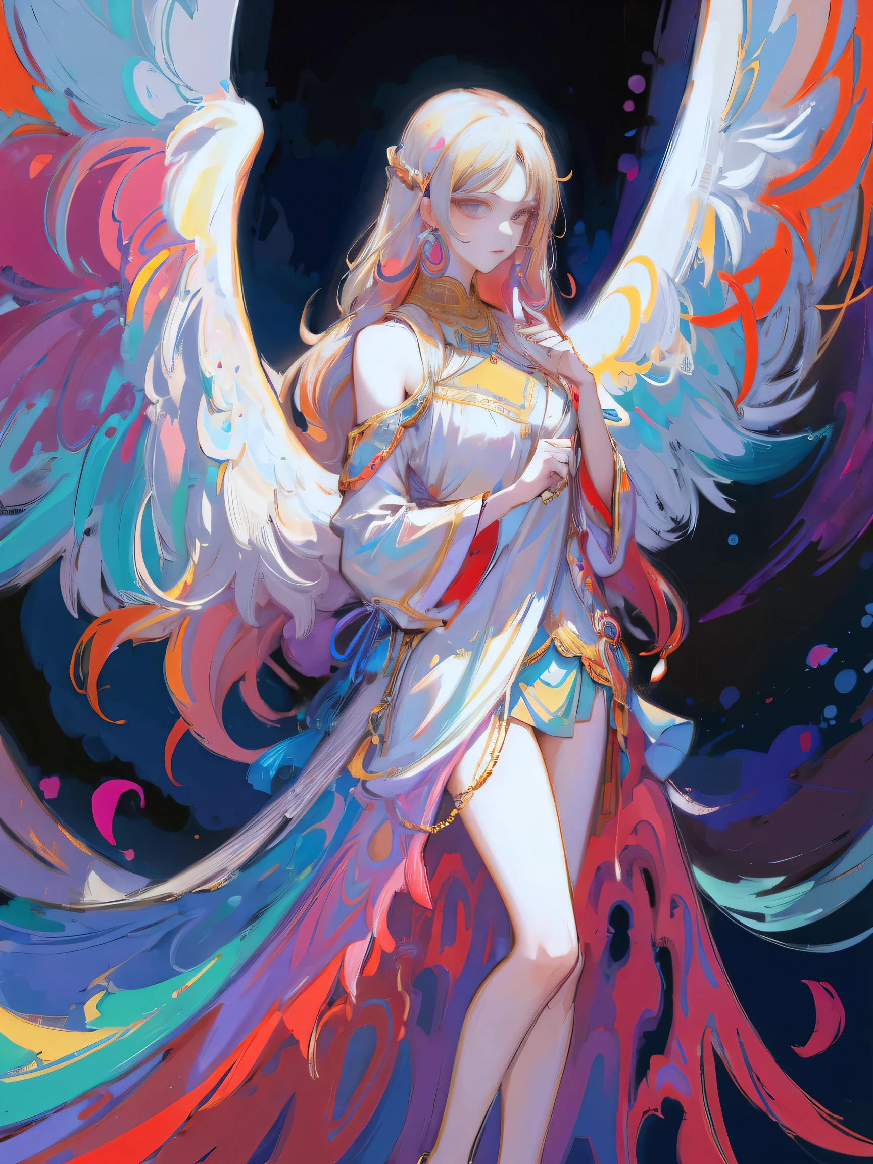 Разработано nty, woman, (angelic), Multi-colored clothes, complex parts, color background, abstract