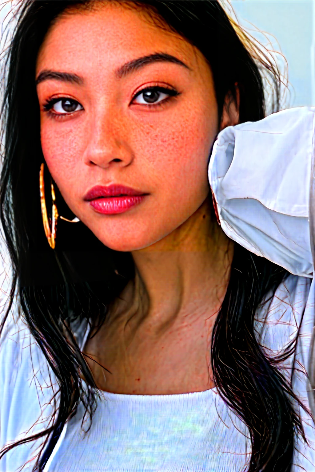 A young 19-year-old woman named Lila Nakamura with a mixed Japanese and Northern European heritage. She has thick dark black eyeliner, glossy lips, and a cute, endearing expression. She has straight, black hair with blonde highlights or a blonde tint that falls just past her shoulders, styled in a neat and polished manner. Her eyes are almond-shaped with a light, striking blue color, accentuated by subtle eyeshadow and mascara. Her skin has a light tone with a natural, fresh look, and she has a few delicate freckles across her nose. She is wearing a simple, professional outfit, consisting of a white blouse and dark jeans, and accessorized with small gold hoop earrings. The background is a neutral studio setting with soft lighting to highlight her features.