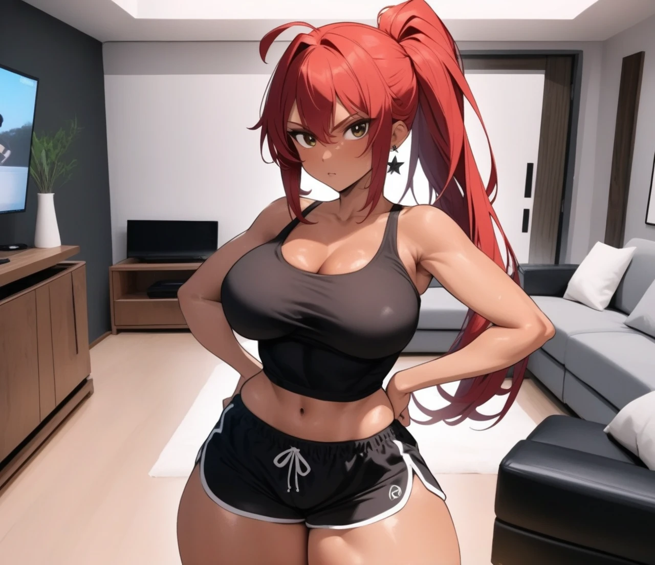 redhead, tanned skin, medium breasts, thick ass, black sports bra, black and white dolphin running shorts, black star shaped earrings, long ponytail, full body shot