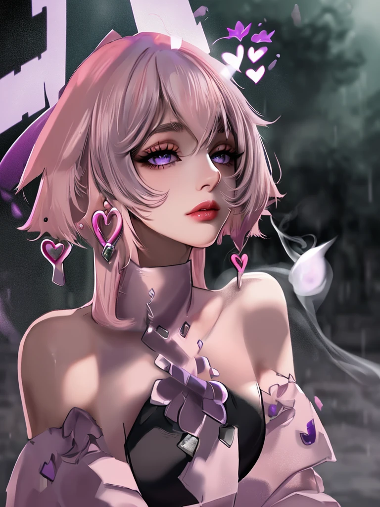 rain,Beauty,High nose,Long eyelashes,目にLight,Pink Lips,Closed Mouth,pastel colour,purple,Dull pink,Dull Blue,heart,Bobcut,Light,Strong winds,Fluttering Hair,Earrings,Gray Hair,Smoke a cigarette,bad,cigarette,目にLight,Black Dress,Black lace