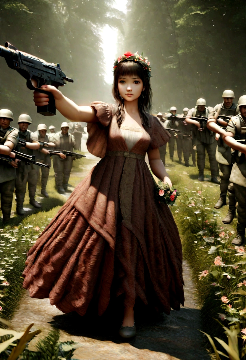 Young girl in dress handing flowers with outstretched hand to a legion of armed soldiers pointing guns at her ,War scenario , ultra realistic super HD photo, cinematic, beautiful intricately detailed octane rendering, 3d, 28k 