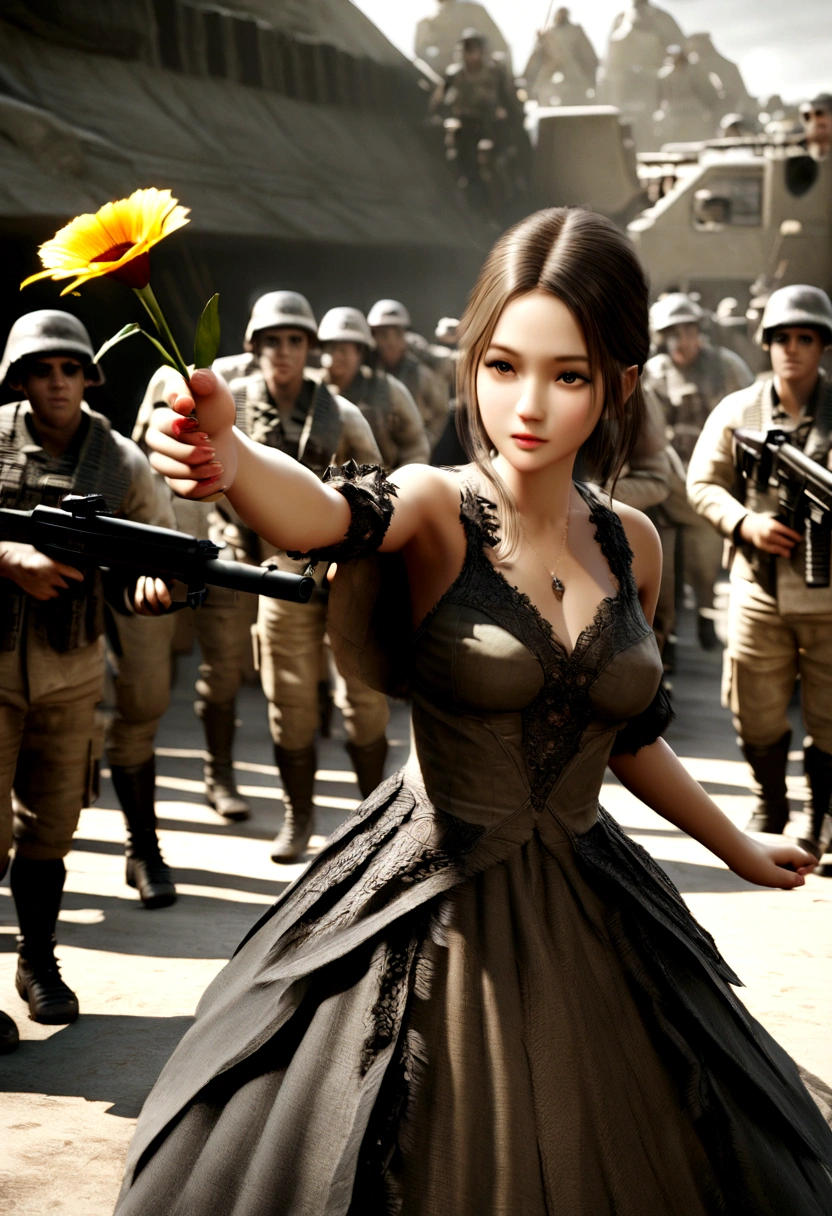 Young girl in dress handing flowers with outstretched hand to a legion of armed soldiers pointing guns at her ,War scenario , ultra realistic super HD photo, cinematic, beautiful intricately detailed octane rendering, 3d, 28k 