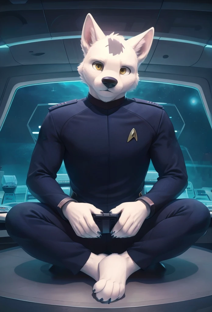 (((Barefoot furry character, full body, cinematic setting, furry male, plantigrade))) 

(((Bolt))) (anthro dog with white fur, very cute and young looking face, big black snout), exudes confidence and authority as he sits in the captain's chair, and his (((Star Trek uniform))) with the Starfleet Delta badge on his chest is a perfect match for his muscular figure. Handsome clawed feet paws dominate the bridge of the star ship and its crew. ((Bridge of Star Trek starship with many screens and consoles as background)), futuristic look, metalic. anatomically correct, Long black pants, blue shirt of science officer.

BREAK, intricate details, highly detailed, extreme detail, octane render, fine art, best quality, highres, (detailed face:1.5), ((full_body)), UHD, (((perfect hands))), low light